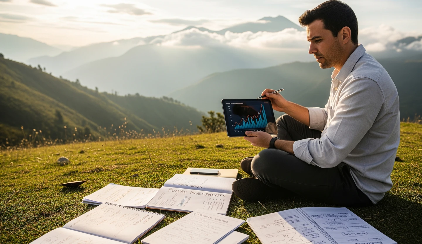 Persona en colina con montañas al atardecer, analizando gráficos en tableta, rodeada de cuadernos "Análisis de Mercado" y "Planificación Financiera". Refleja filosofía de Mercurium Investech: inversión a largo plazo con educación y disciplina.