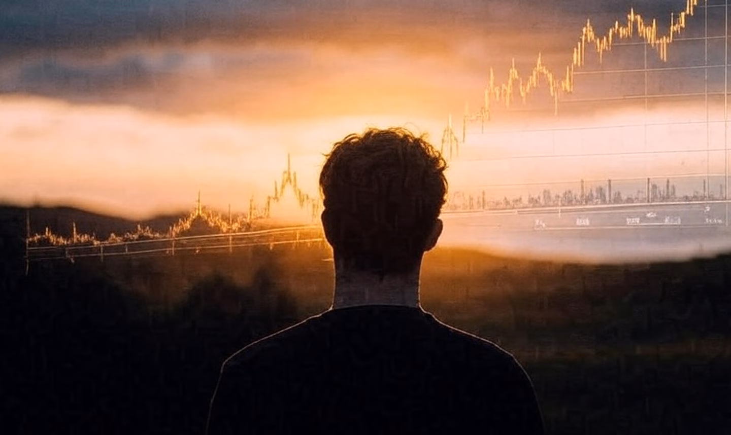 Imagen de una persona mirando un horizonte al atardecer con gráficos de inversión superpuestos, simbolizando el crecimiento financiero a largo plazo. Mercurium Investech guía con educación y herramientas innovadoras para invertir en Ecuador y EE.UU.