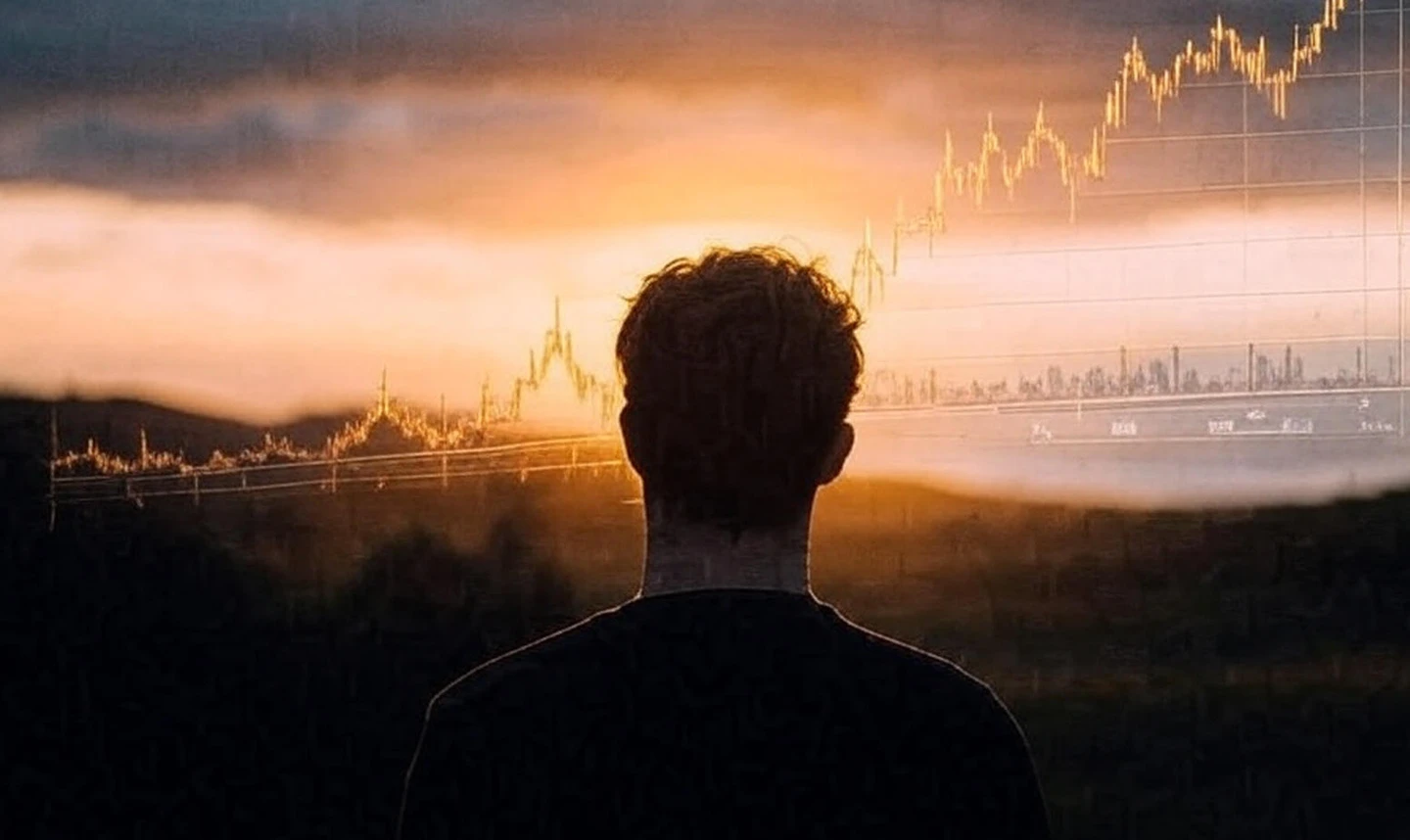 Imagen de una persona mirando un horizonte al atardecer con gráficos de inversión superpuestos, simbolizando el crecimiento financiero a largo plazo. Mercurium Investech guía con educación y herramientas innovadoras para invertir en Ecuador y EE.UU.