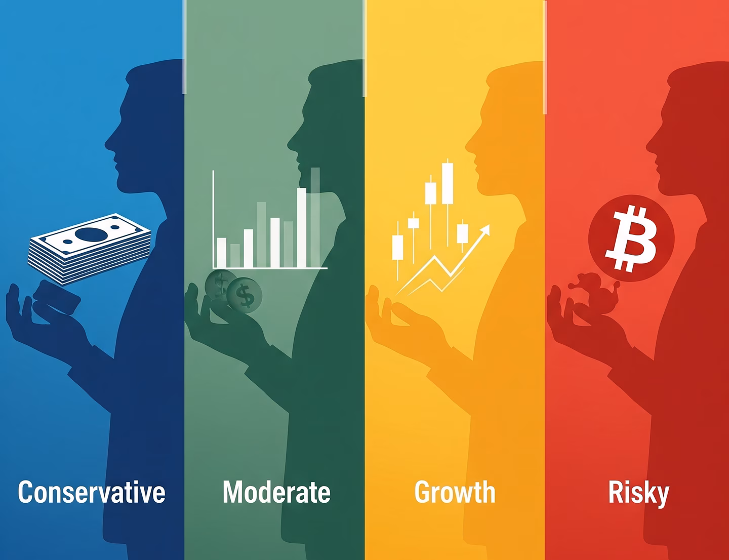 Cuatro siluetas ilustran perfiles de inversión: Conservador (efectivo), Moderado (estadísticas), Crecimiento (crecimiento) y Arriesgado (cripto). Mercurium Investech promueve el interés compuesto y educación accesible para optimizar beneficios con planifi