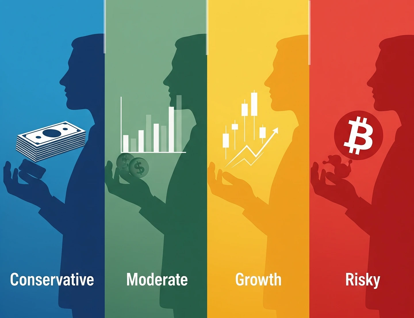 Cuatro siluetas ilustran perfiles de inversión: Conservador (efectivo), Moderado (estadísticas), Crecimiento (crecimiento) y Arriesgado (cripto). Mercurium Investech promueve el interés compuesto y educación accesible para optimizar beneficios con planifi