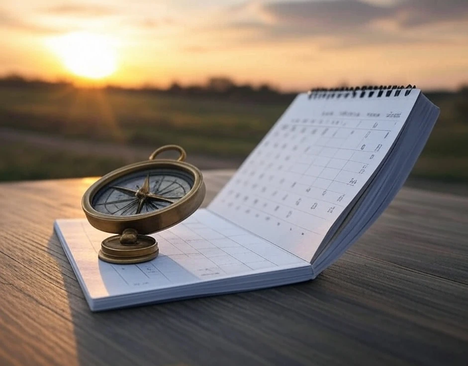 Calendario y compás, ilustrando la planificación financiera a largo plazo y la dirección para invertir con educación financiera e interés compuesto.