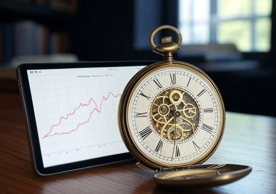 Compás y gráfico de inversión en ascenso de Mercurium Investech, ilustrando el camino hacia la libertad financiera mediante planificación a largo plazo y conocimientos en interés compuesto.