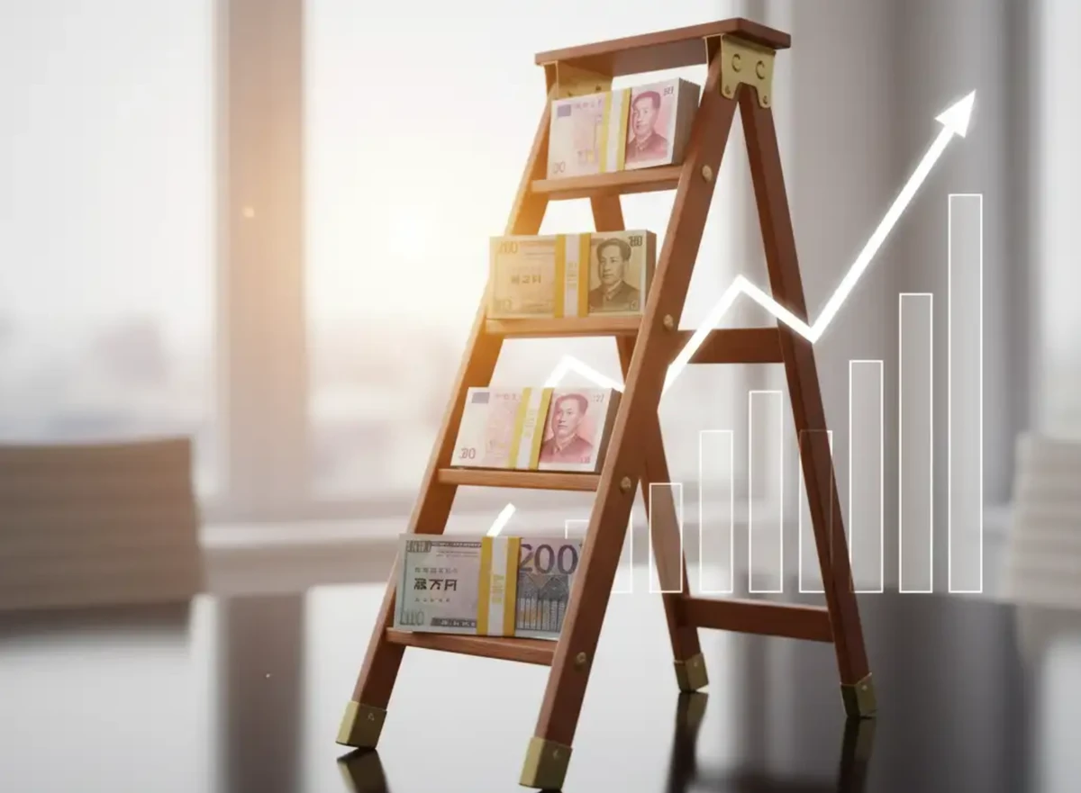 Imagen de una escalera de madera con billetes apilados, simbolizando el crecimiento financiero escalonado. Mercurium Investech guía a inversores ecuatorianos con estrategias a largo plazo en renta fija y variable, optimizando liquidez y rendimientos