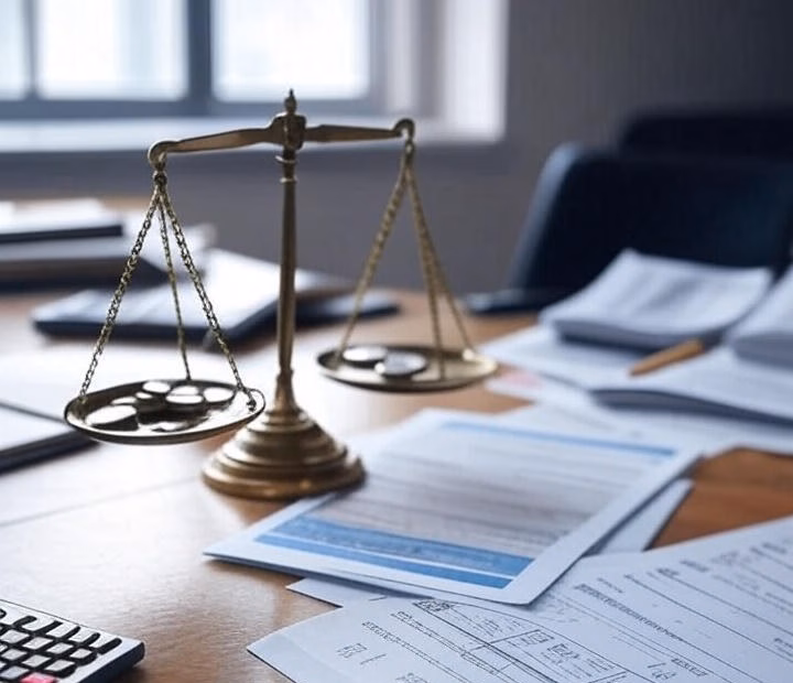 Balanza con monedas y documentos financieros: Representa el equilibrio entre rentabilidad y seguridad al invertir.