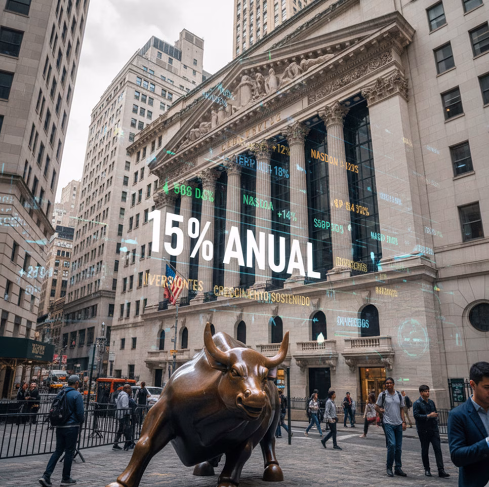 Famosa estatua de toro en Wall Street frente a la Bolsa de Nueva York, con pantallas holográficas mostrando un crecimiento anual del 15%, datos del mercado de valores y términos financieros como NASDAQ y S&P 500, rodeada de calles urbanas concurridas
