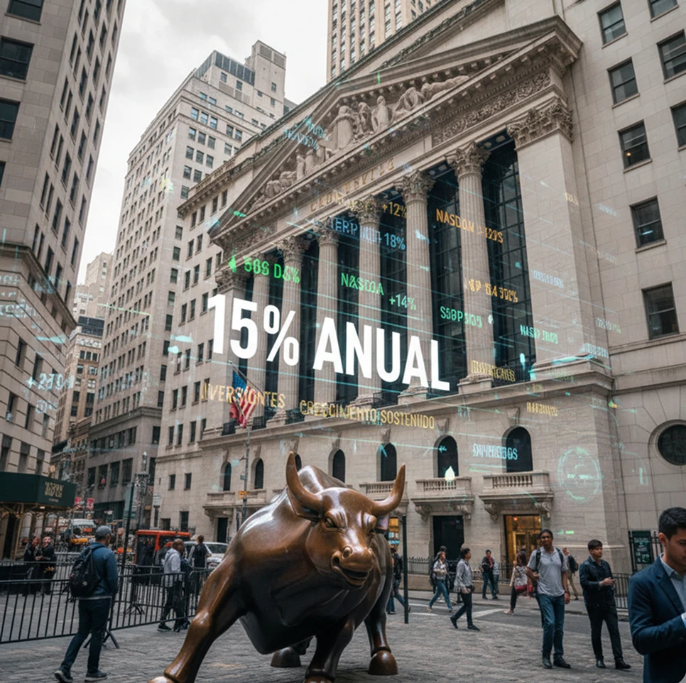 Famosa estatua de toro en Wall Street frente a la Bolsa de Nueva York, con pantallas holográficas mostrando un crecimiento anual del 15%, datos del mercado de valores y términos financieros como NASDAQ y S&P 500, rodeada de calles urbanas concurridas